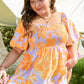 Purple Floral Puff Sleeve Square Neck Smocked Plus Size Babydoll Blouse