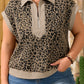 Beige Ribbed Patchwork Collar Cuffed Sleeve Leopard Plus Top