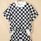 Pink Checkered Print Color Block Trim Mock Neck Short Set