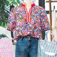 Purple Ditsy Floral Print Plaid Colorblock Trim V Neck Blouse