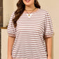 Orange Stripe Ribbed Trim Round Neck Short Puff Sleeve Plus T Shirt
