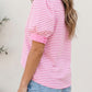 Pink Stripe Color Block Detail Split Neck Short Sleeve Blouse