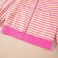 Rose Red Striped Long Sleeve Zip-Up Hoodie Drawstring Elastic Waist 2pcs Short Set