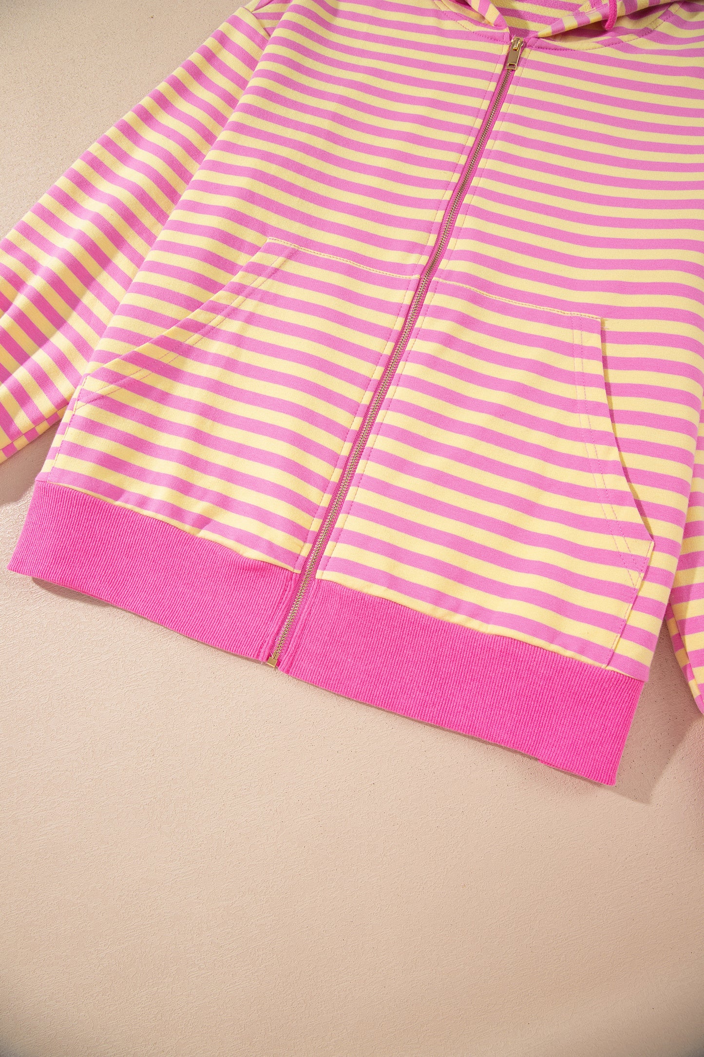 Rose Red Striped Long Sleeve Zip-Up Hoodie Drawstring Elastic Waist 2pcs Short Set