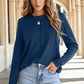 Navy Blue Solid Exposed Seam Crew Neck Long Sleeve Top