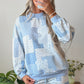 Sky Blue Patchwork Floral Print Drop Shoulder Baggy Pullover Drawstring Shorts Set