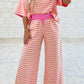 Yellow Stripe Colorblock Trim Crew Neck Loose Tee Drawstring Elastic Waist 2pcs Pant Set