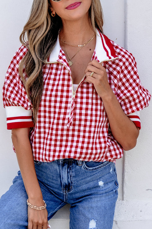 Red Gingham Striped Patchwork Half Zip Blouse