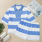 Sky Blue Stripe Drop Shoulder Zipped Collar T Shirt Plus Size Shorts Set