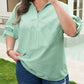 Mint Green Plus Size Striped Print Collar V Neck Short Sleeve Blouse