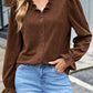 Coffee Solid Color Ruffle Trim V Neck Long Sleeve Button Corduroy Shakcet