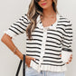 Beige Stripe Ruffle Trim Button Down Knit Short Sleeve Sweater Cardigan