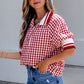 Red Gingham Striped Patchwork Half Zip Blouse