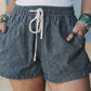 Sky Blue Stripe Plus Size Contrast Drawstring Elastic Waist Denim Shorts