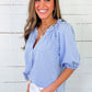 Sky Blue Summer Plaid V Neck Puff Sleeve Blouse
