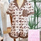 White Chic Bow Cherry Printed Leopard Contrast Patchwork Shirt Drawstring Shorts 2pcs PJ Set