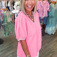 Mint Green Solid Color V Neck Short Puff Sleeve Blouse