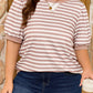 Orange Stripe Ribbed Trim Round Neck Short Puff Sleeve Plus T Shirt