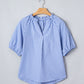 Sky Blue Summer Plaid V Neck Puff Sleeve Blouse