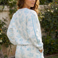 Sky Blue Floral Print Striped Detail Long Sleeve Top Ruffle Hem Shorts 2pcs Set