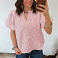 Apricot Pink Floral Textured Jacquard Puff Sleeve Blouse