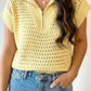 Sky Blue Solid Color Hollowed Knit Short Sleeve Zipper Collar Knitwear Top