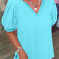 Mint Green Solid Color V Neck Short Puff Sleeve Blouse