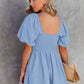 Sky Blue Brown Square Neck Ruched Puff Sleeve Romper