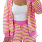 Rose Red Striped Long Sleeve Zip-Up Hoodie Drawstring Elastic Waist 2pcs Short Set