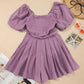 Sky Blue Brown Square Neck Ruched Puff Sleeve Romper