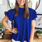 Rose Red Solid Color Textured Ruffle Trim Short Sleeve Blouse