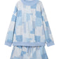 Sky Blue Patchwork Floral Print Stand Neck Long Sleeve Two-piece Outfit Plus Size Set