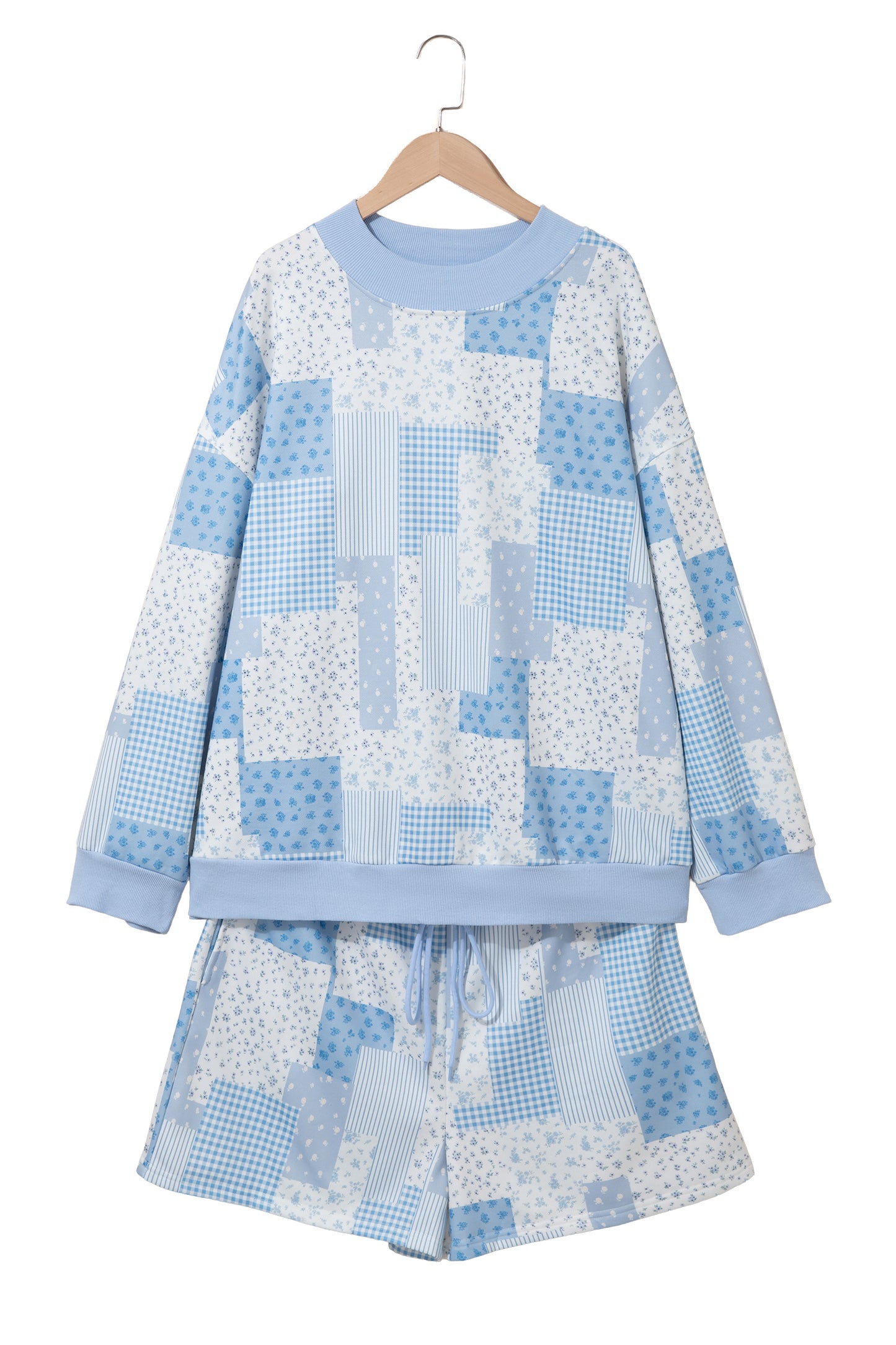 Sky Blue Patchwork Floral Print Stand Neck Long Sleeve Two-piece Outfit Plus Size Set