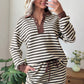 Brown Stripe Contrast Trim Button Neck Long Sleeve Top Drawstring Mini Skirt Set