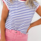 Blue Stripe Contrast Trim Round Neck Cap Sleeve Tee