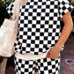 Pink Checkered Print Color Block Trim Mock Neck Short Set