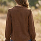 Coffee Solid Color Ruffle Trim V Neck Long Sleeve Button Corduroy Shakcet