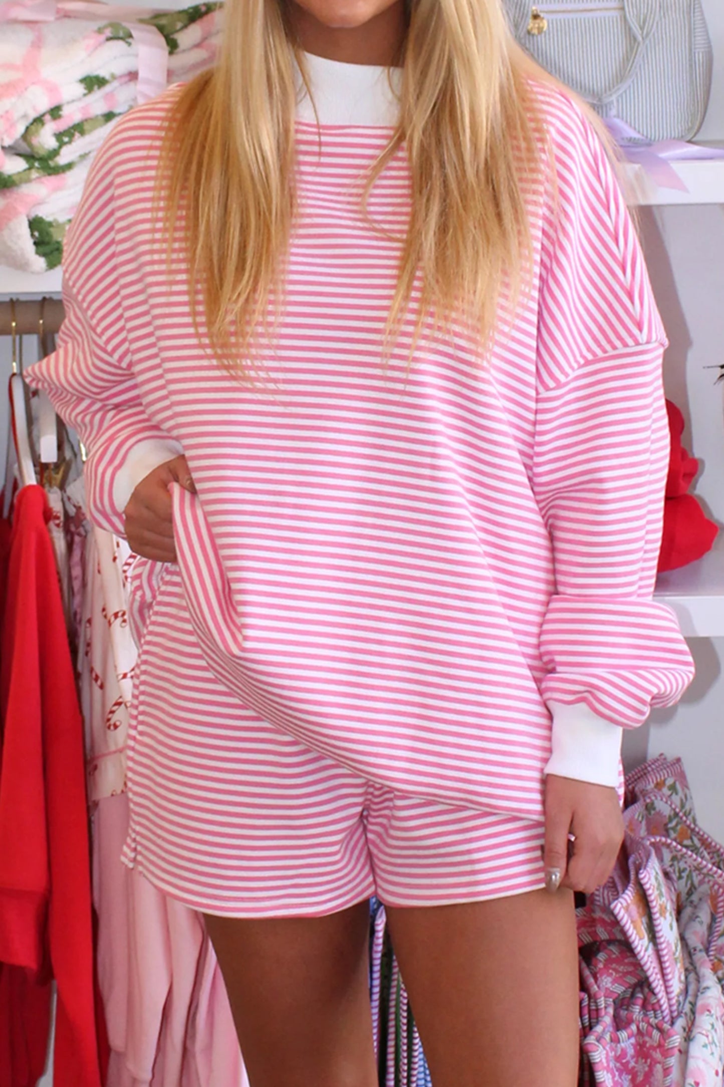Sky Blue Stripe Oversize Mock Neck Sweatshirt and Shorts Set
