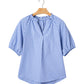 Sky Blue Summer Plaid V Neck Puff Sleeve Blouse
