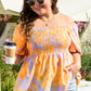 Purple Floral Puff Sleeve Square Neck Smocked Plus Size Babydoll Blouse