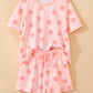 Pink Polka Dot Print Loose Tee Drawstring Elastic Waist Short Set