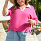 Pink Contrast Trim Collared Split Neck Short Sleeve Plus Size Top