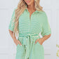 Green Stripe Textured Short Sleeve Collared Buttoned Waist Tie Romper