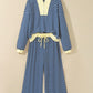 Blue Stripe Color Block Patchwork Zip V Neck Pullover Loose Pants 2pcs Set