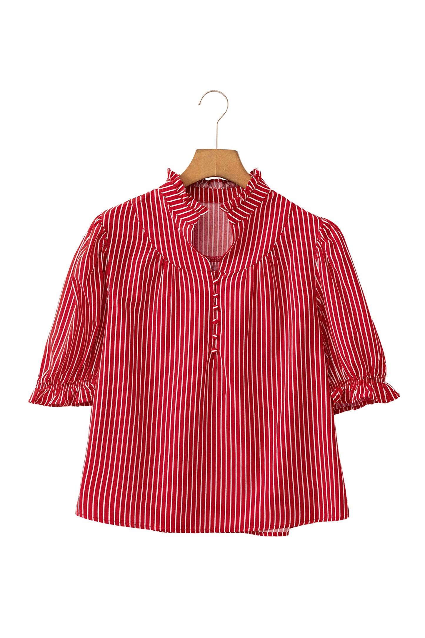 Blue Stripe Ruffled Short Puff Sleeve Button Front Blouse