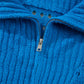 Sky Blue Solid Color Hollowed Knit Short Sleeve Zipper Collar Knitwear Top