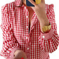 Red Plaid Long Sleeve Button Down Frill Detail Casual Shirt