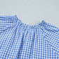 Sky Blue Summer Plaid V Neck Puff Sleeve Blouse
