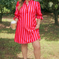 Rose Stripe Frilled Collar Button Neck Short Sleeve Curvy Mini Dress
