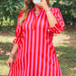 Rose Stripe Frilled Collar Button Neck Short Sleeve Curvy Mini Dress